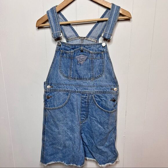 Vintage 90s Guess Overall Shorts Girls 14 Womens XXS Denim Shortall Made in USA - Picture 1 of 7
